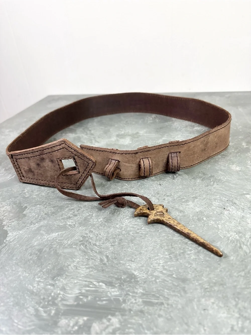 Diesel brown leather belt matured finish signature script logo dagger 34 inch